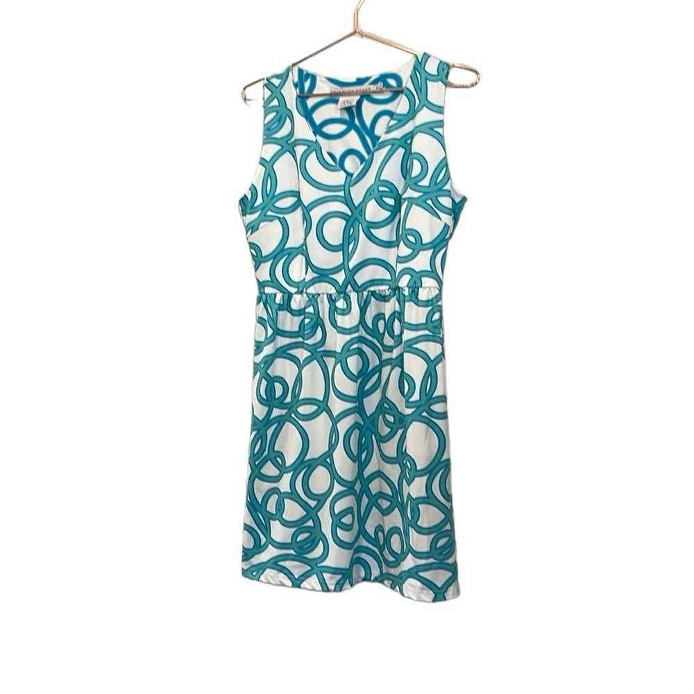 Gretchen Scott White & Turquoise Blue Sleeveless V-Neck Pleated Dress - M